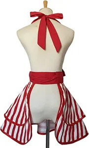 Red and white striped halter apron with a big bow and double ruffle skirt for women cooking.
