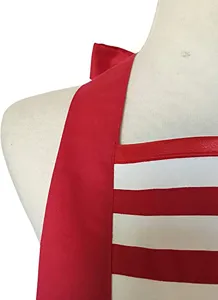 Red and white striped apron detail showing neck strap and bow design for uniform use