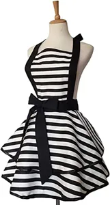 Black and white striped double layer ruffled apron with bow and halter neck design.