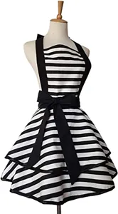 Black and white striped halter apron featuring a double layer ruffled hem and bow.