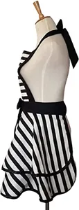 Detail view of black and white striped apron, showing halter neck, bow and double ruffles.