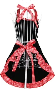 Black and red plaid apron with halter neck, double-layer ruffles, and chic bow tie for kitchen.