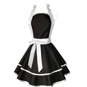 Black and white retro maid apron with double-layered ruffled skirt and bowknot, stylish.