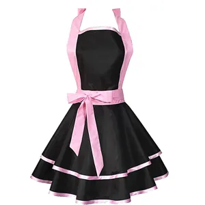 Black and pink vintage retro ruffled apron with halter neck and bow for kitchen cooking