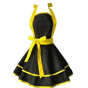 Black and yellow vintage ruffled apron with halter neck, waist bow, and double-layer skirt.