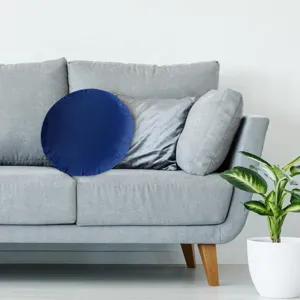 Dark blue round velvet throw pillow for sofa, modern decorative cushion home decor.