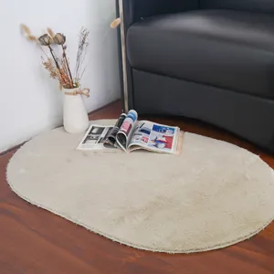 Alfombra ovalada de pelo beige para sala y dormitorio, estera suave de piel sintética.