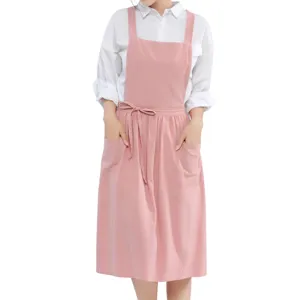 Japanese style cotton linen pink apron with pockets for baking kitchen gardening cooking