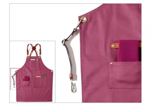 Canvas work apron with leather straps and multiple handy utility pockets for kitchen baristas.