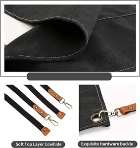 Detailed view of the thick canvas apron showcasing premium cowhide leather trim and durable hardware.