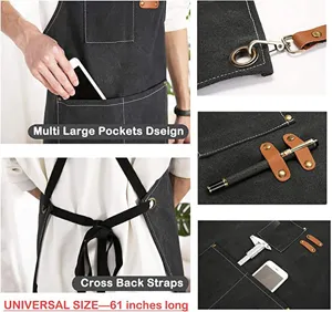 Canvas work apron detail view featuring multi pockets, cross back straps and durable hardware.