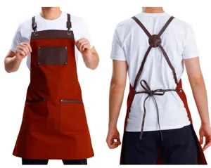 Professional canvas work apron with adjustable cross back straps and multi pockets for kitchen BBQ
