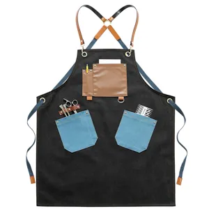 Retro thick canvas work apron with multi pockets cross straps, durable barber barista tool apron.