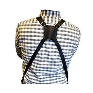 Adjustable cross-back straps for canvas work apron with durable metal hardware details.