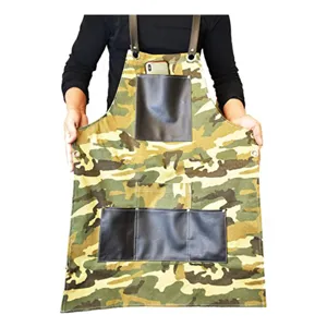 Durable canvas work apron with leather pockets, multi-functional tool pockets for woodworking.