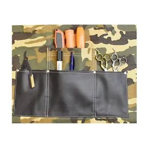 Camouflage canvas work apron with leather pockets, ideal for woodworking, BBQ and styling.