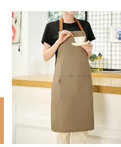 Minimalist brown canvas apron with straps and pocket for kitchen restaurant work and coffee shop.