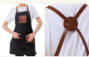 Detail view of black canvas apron with brown leather straps and multi-pockets for work.