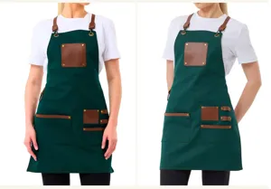 Canvas leather work apron pocket detail showing durable fabric stitching and metal rivets.