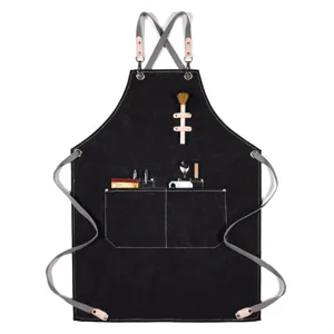 Tablier en Toile Épaisse Avec Bretelles Croisées Tablier de Travail Multi-Poches Pour Barista Boulangerie Restaurant Cuisine
