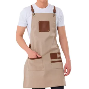 Canvas leather apron kitchen barista hair styling workwear with pockets adjustable straps.