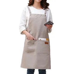 Tablier en Toile de Coton Tour de Cou Ajustable et Double Épaule Tablier de Cuisine avec Poches pour Restaurant