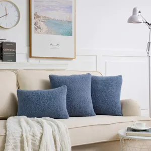 Soft blue teddy velvet throw pillow covers set for cozy living room sofa decoration.