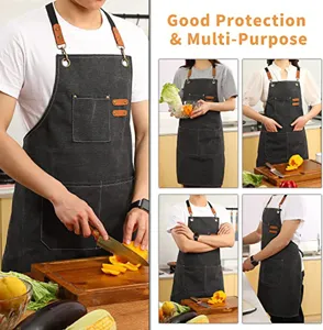 Thickened canvas apron with leather straps and multiple pockets for kitchen cooking gardening work