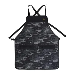 Camouflage Arbeitsaprone mit Kreuzgurten und Reißverschlusstaschen für Küche und Garten.