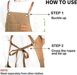Canvas apron detail showing buckle fastening and cross strap tying instructions clearly.