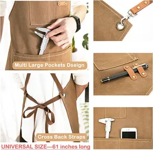 Thickened canvas work apron detail showing multi large pockets, cross back straps and size.