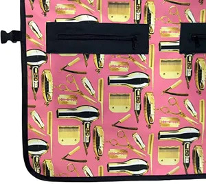 Friseur Umhang goldene Salon Werkzeuge Muster rosa Leinen Taschen Detail Ansicht