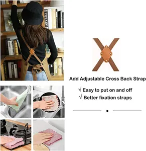 Thickened canvas apron with adjustable cross back straps for kitchen and gardening work.