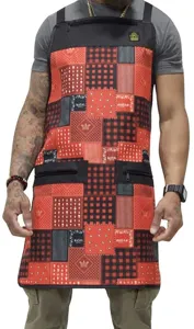 Canvas Arbeitsaprion mit mehreren Taschen, Reißverschluss und rotem Patchwork-Muster.