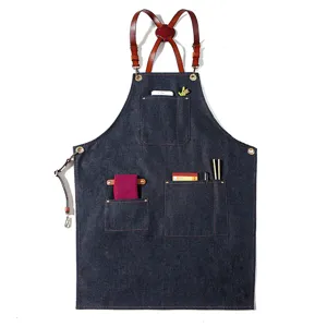 Vintage denim apron with leather cross straps and multi pockets for kitchen barista work wear