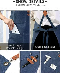 Close-up details of denim canvas apron showing multi pockets and cross back straps design.