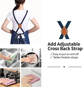 Adjustable canvas work apron with cross back straps and cleaning cloth details for kitchen.