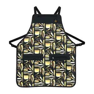 Friseurschürze aus Canvas mit Taschen, goldenem Friseurwerkzeug Druck für den Salon.