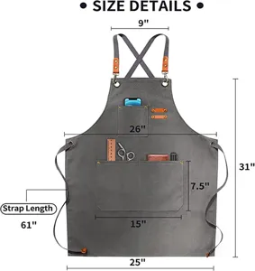Heavy-duty grey canvas apron with cross-back straps, multiple utility pockets, and size details.