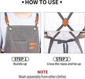 Detailed view showing the adjustable cross-back strap and buckle design of the canvas work apron.