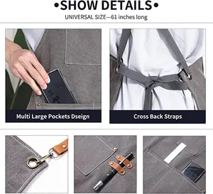 Detailed view of heavy canvas work apron with multi-pockets, cross back straps and hardware.