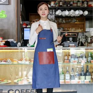Tablier en jean de style coréen pour cuisine et café, tablier bleu sans manches en cuir.