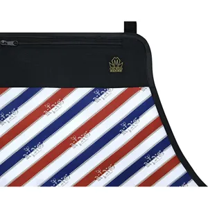 Professionelle Friseurschürze mit Reißverschlusstasche und klassischem rot-weiß-blauem Streifendesign.
