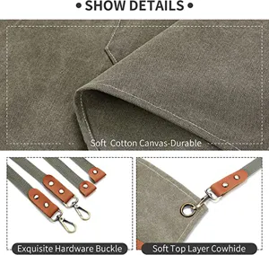 Detailed view of thick canvas work apron with genuine leather straps and metal hardware.
