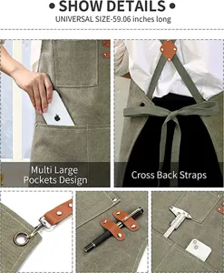 Canvas work apron with cross back straps and multiple large pockets for kitchen gardening use.