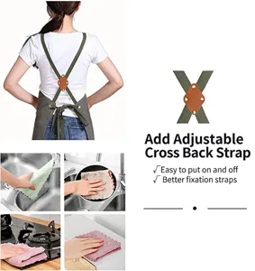 Adjustable cross back strap detail of thickened canvas work apron for kitchen and gardening.