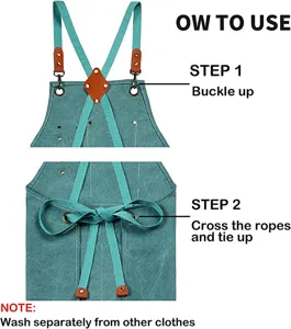 Canvas work apron with cross-back straps and metal buckles for kitchen gardening tool.