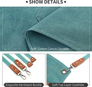 Thickened canvas apron detail view showing durable fabric, leather straps and hardware buckles.