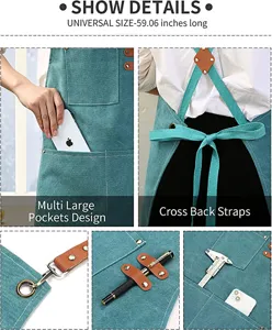 Detailed view of thickened canvas work apron featuring multi pockets, metal hooks and straps.
