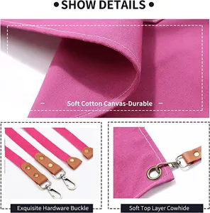 Canvas apron detail showing soft pink cotton fabric, durable cowhide straps and hardware.
